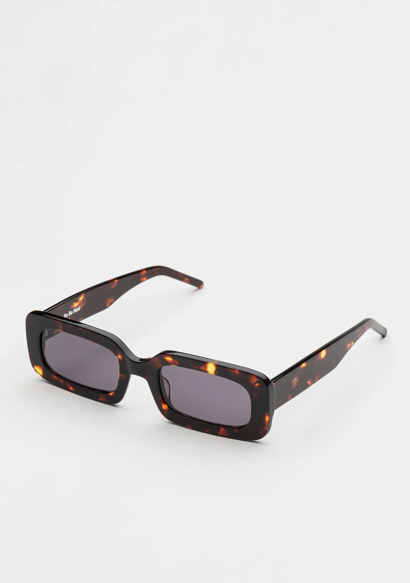 Bo Bo Noir Jane rectangular sunglasses in tortoise acetate, 45-degree view.