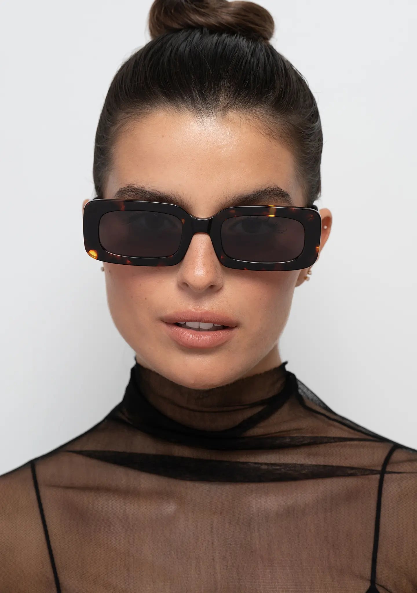 Bo Bo Noir Jane tortoise rectangular womens sunglasses, woman wearing, front view.