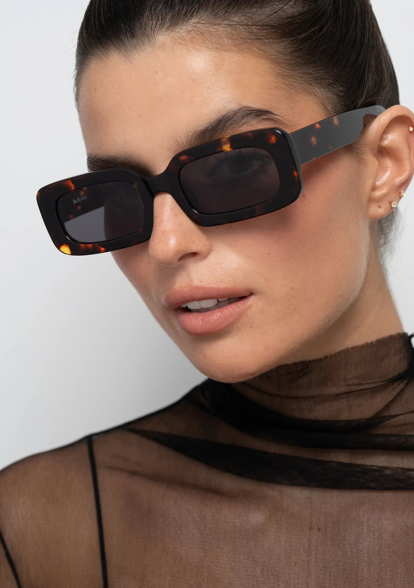 Bo Bo Noir Jane tortoise rectangular womens sunglasses, woman wearing, side view.