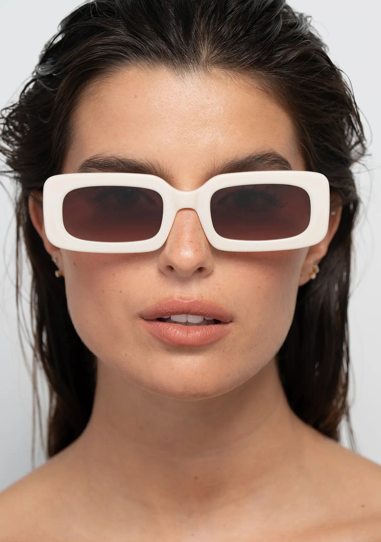 Bo Bo Noir Jane cream white rectangular womens sunglasses, woman wearing, front view.