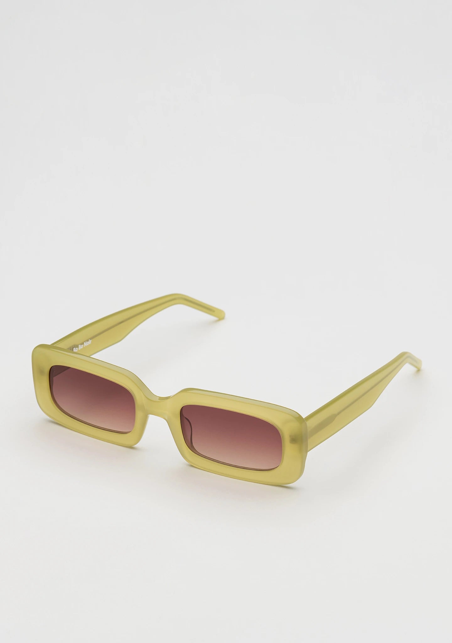 Bo Bo Noir Jane rectangular sunglasses in olive green acetate, 45-degree view.