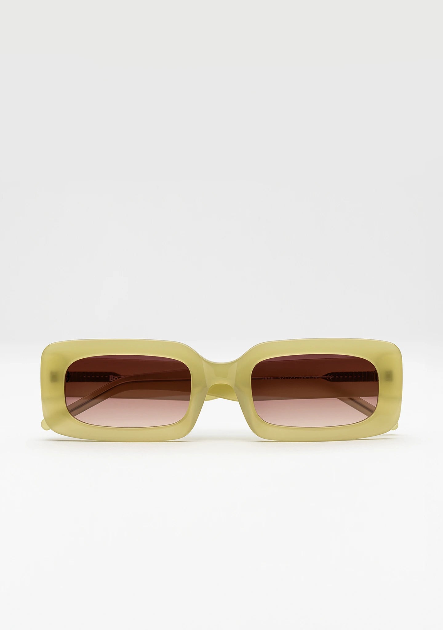Bo Bo Noir Jane rectangular sunglasses in olive green acetate, front view.