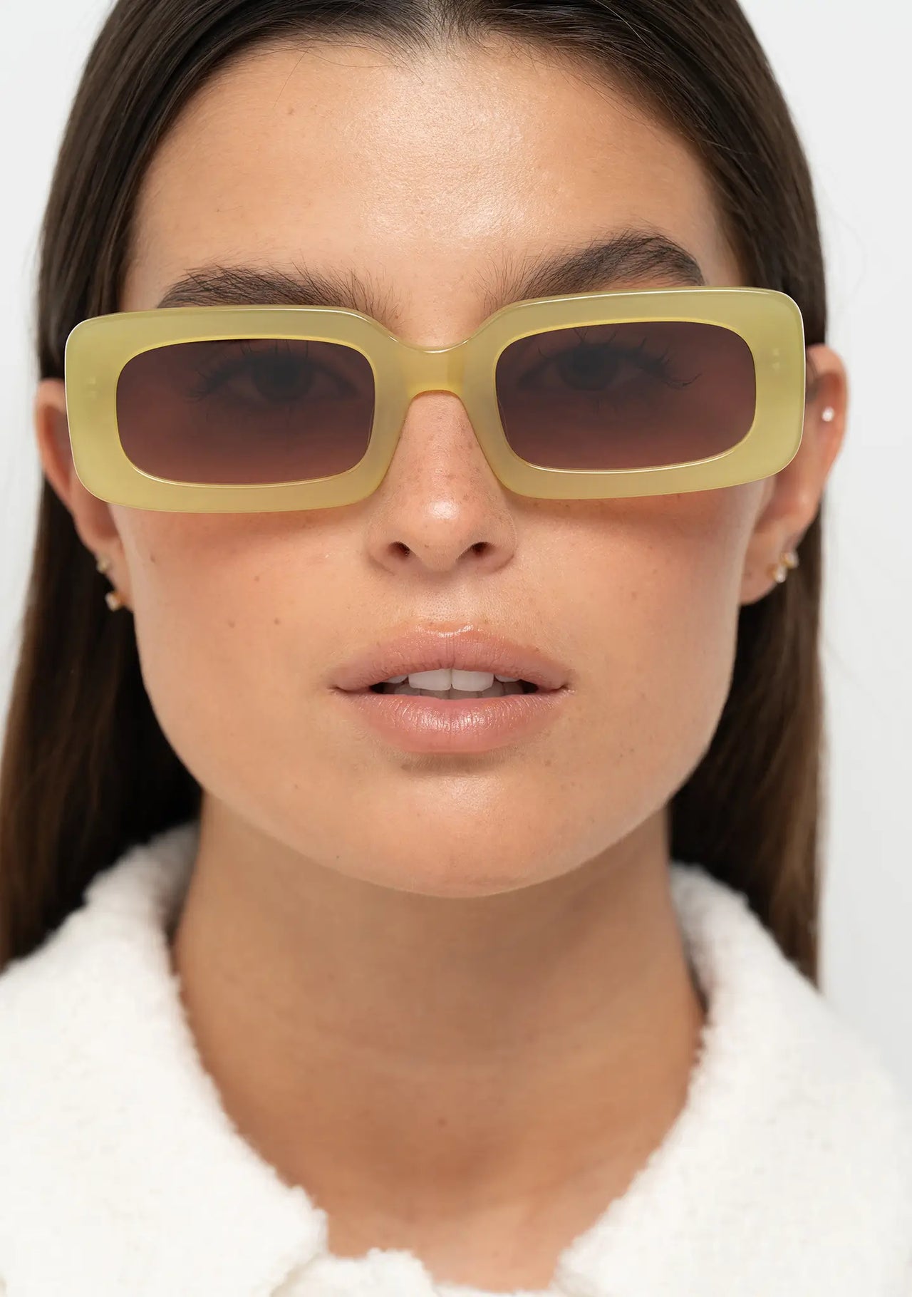 Bo Bo Noir Jane olive green rectangular womens sunglasses, woman wearing, front view.