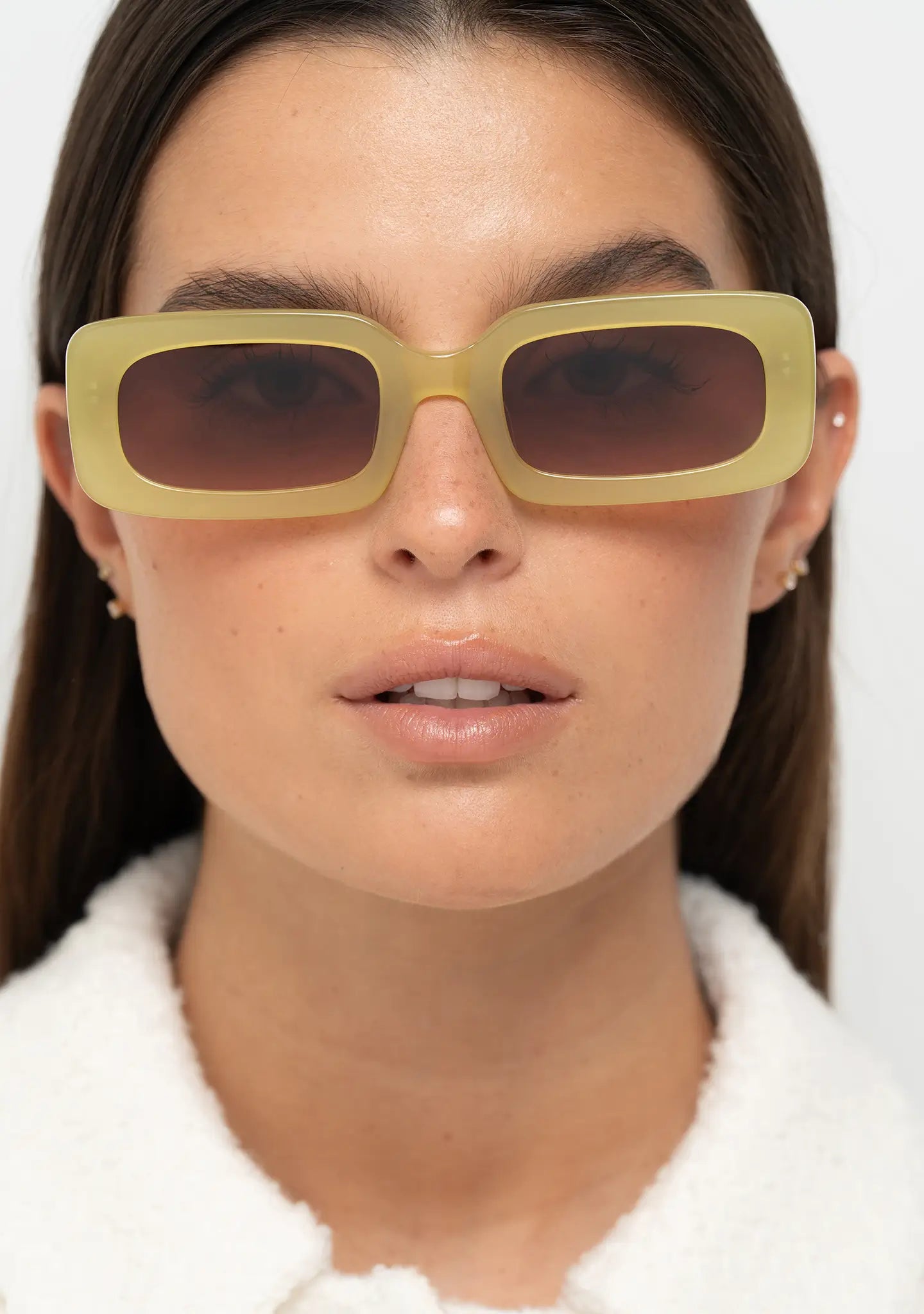 Bo Bo Noir Jane olive green rectangular womens sunglasses, woman wearing, front view.