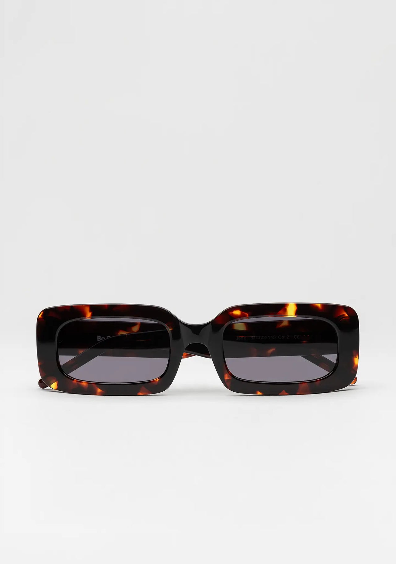 Bo Bo Noir Jane rectangular sunglasses in tortoise acetate, front view.