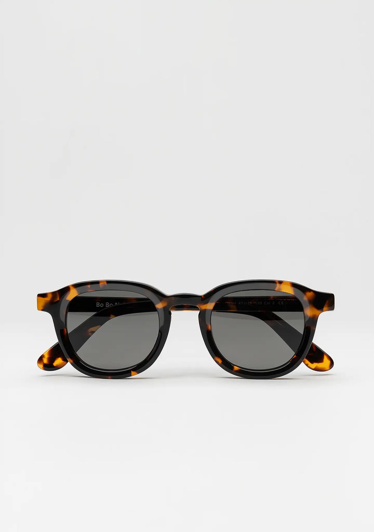 Bo Bo Noir Narr panto round sunglasses in tortoise acetate with single gray nylon lenses, front view.
