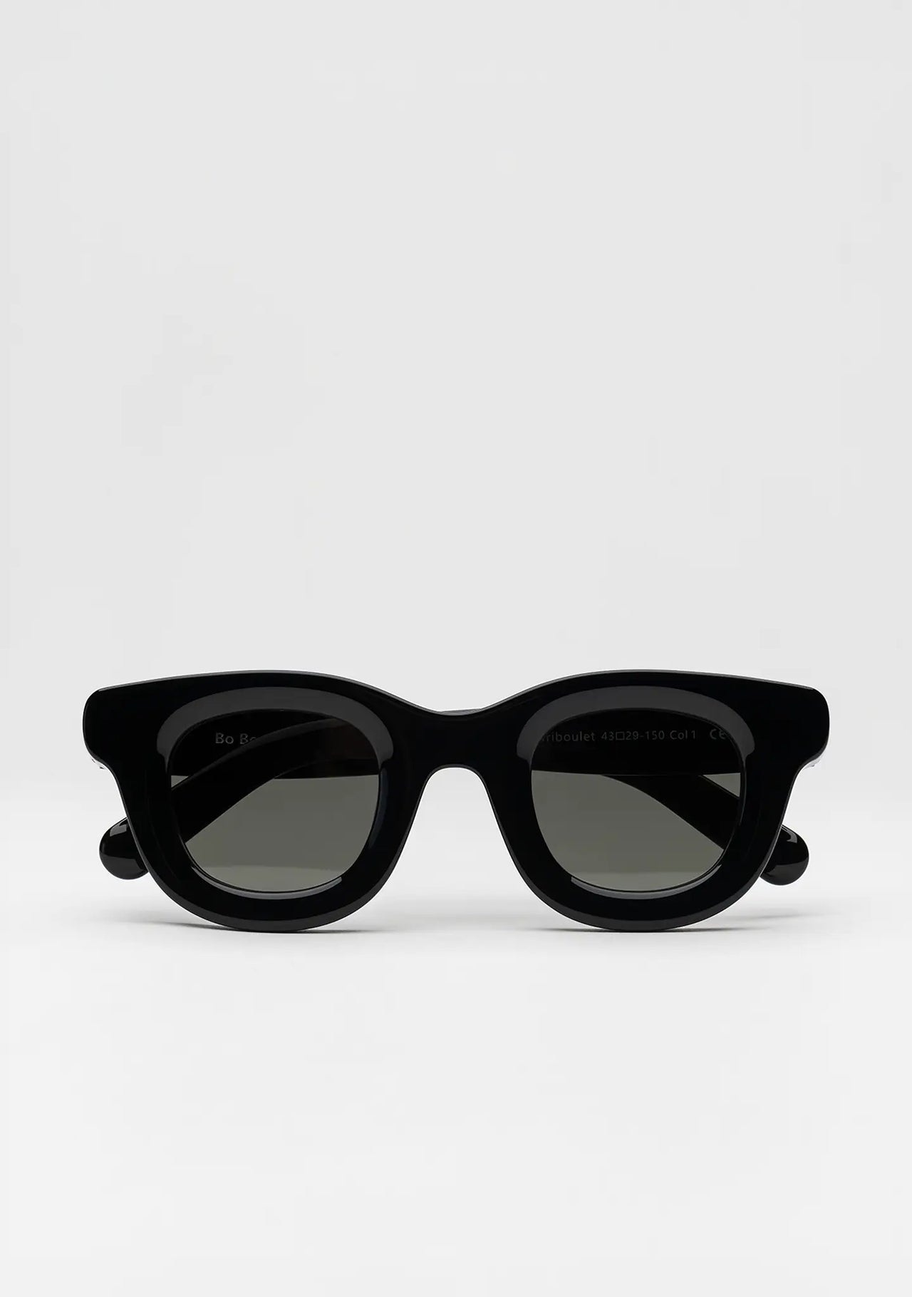 Bo Bo Noir Triboulet panto round sunglasses in shiny black acetate with gray nylon lenses, front view.