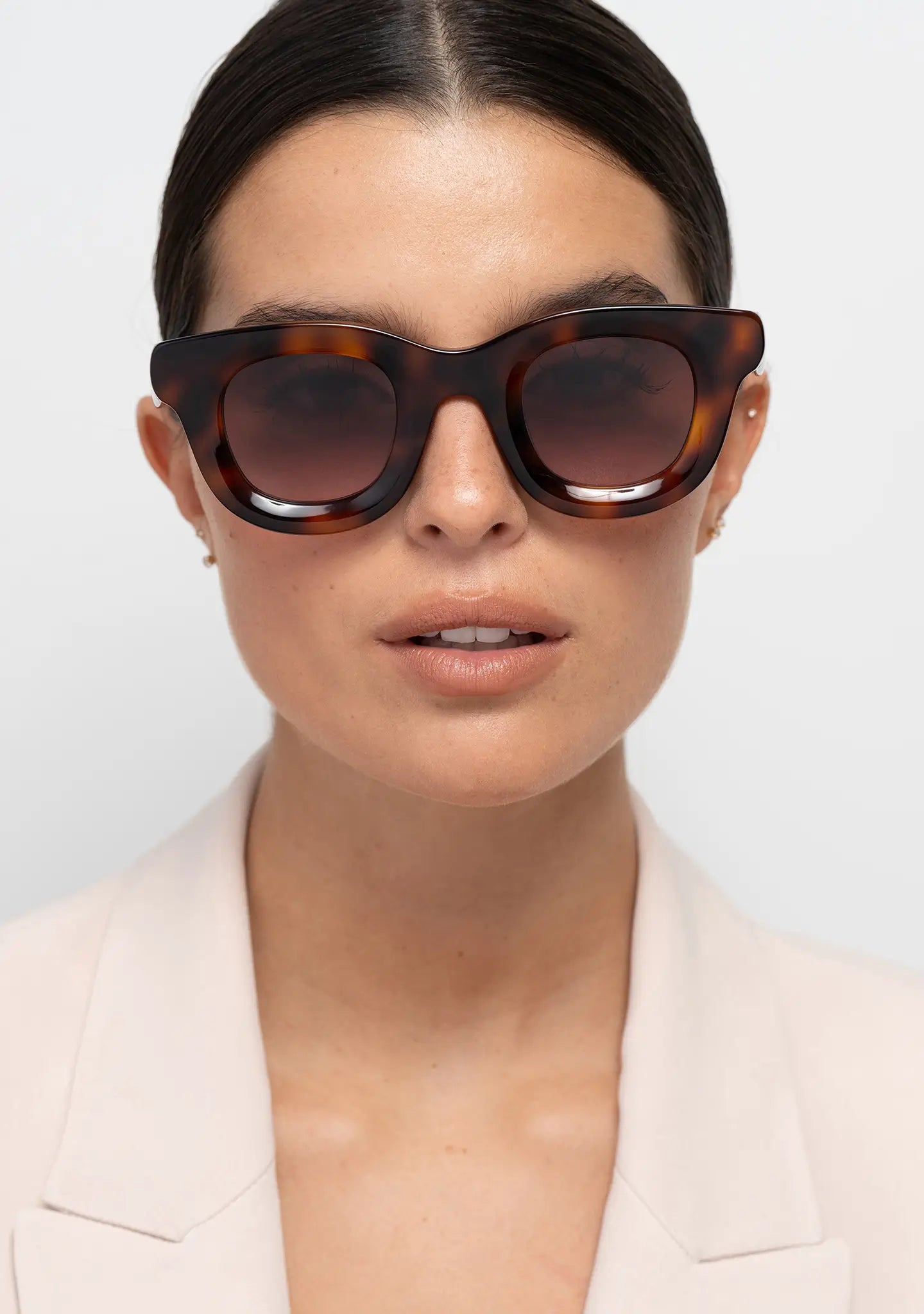 womens sunglasses Bo Bo Noir Triboulet panto round in olive acetate with sunset nylon lenses, woman wearing, front view.