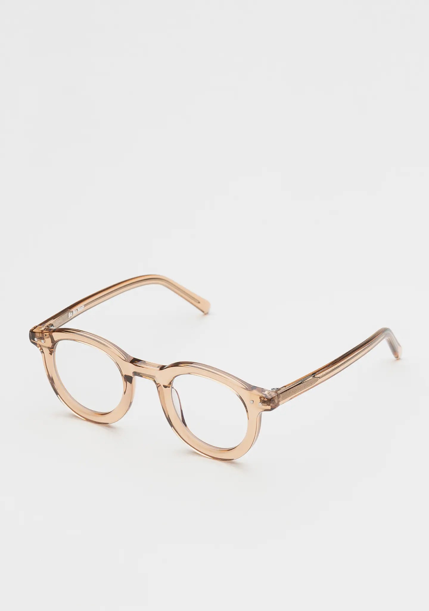 Bo Bo Noir William bold round optical frame in crystal peach acetate, 45-degree view.