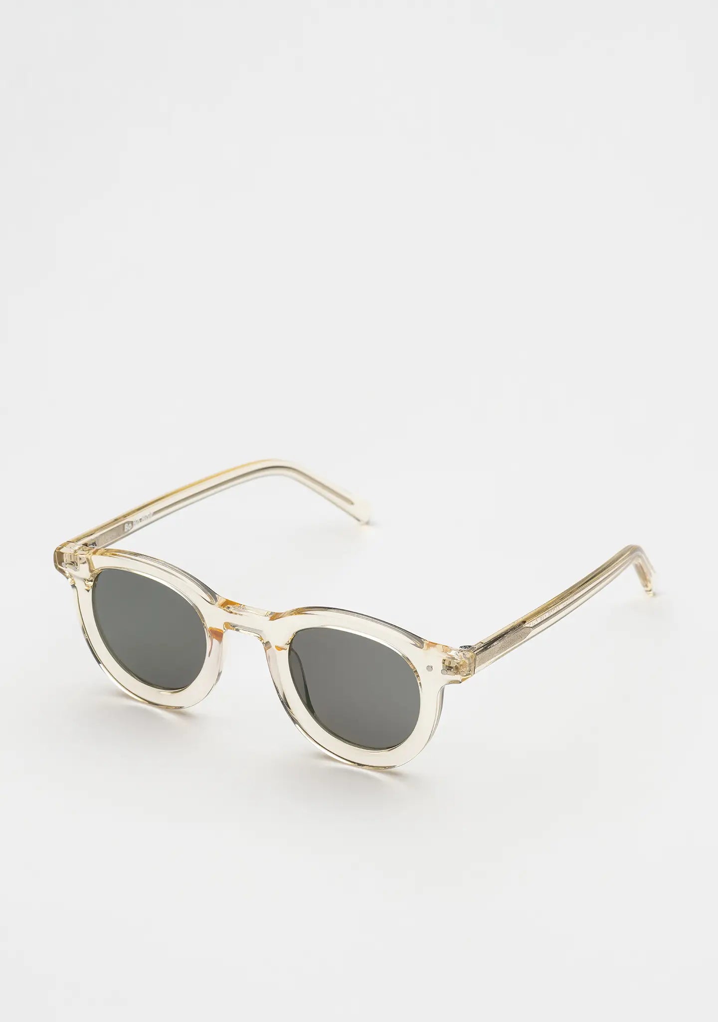 Bo Bo Noir William round sunglasses in crystal yellow acetate with CR-39 grey-green lenses, 45-degree view.