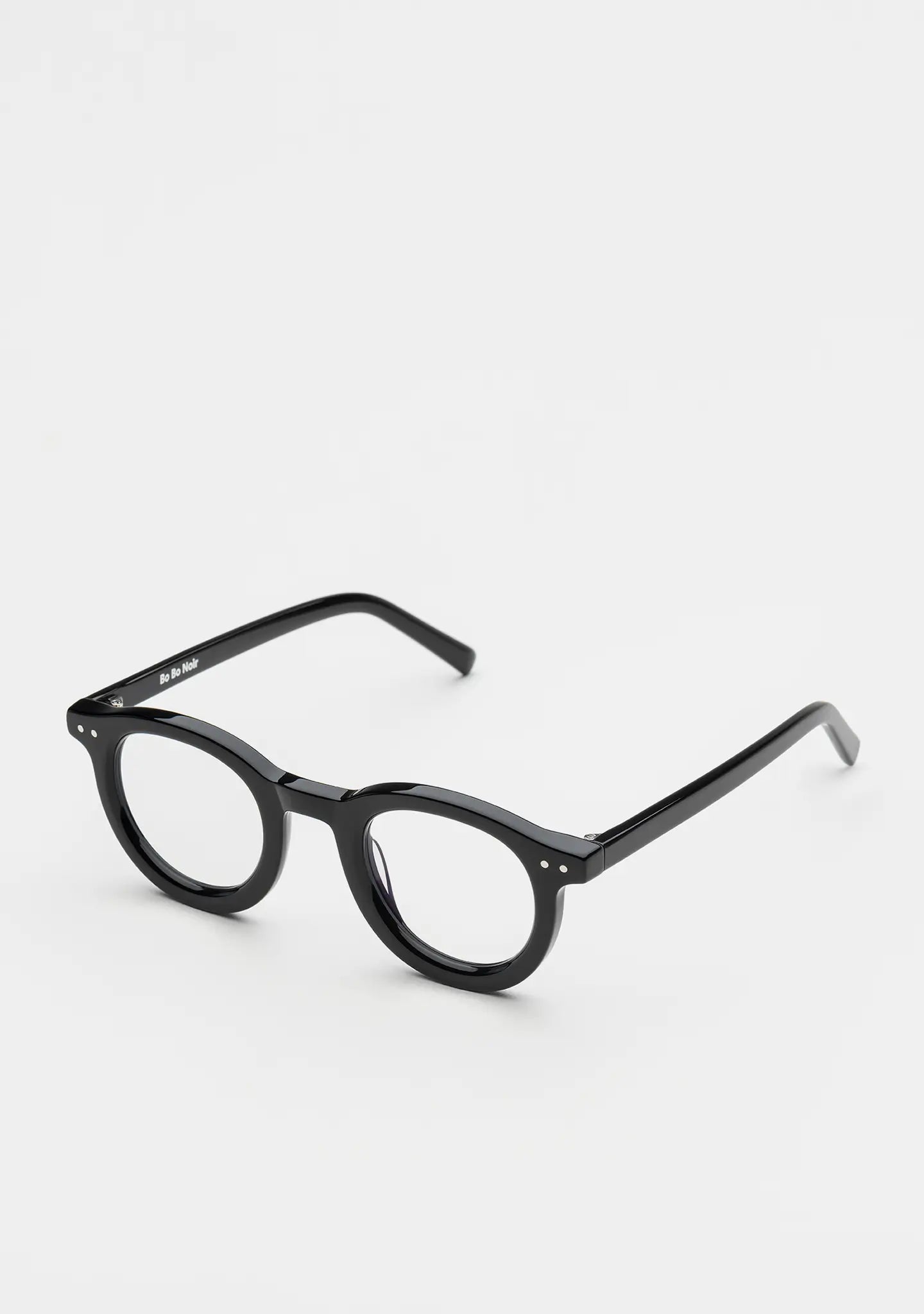 Bo Bo Noir William round optical frame in shiny black acetate, 45-degree view.