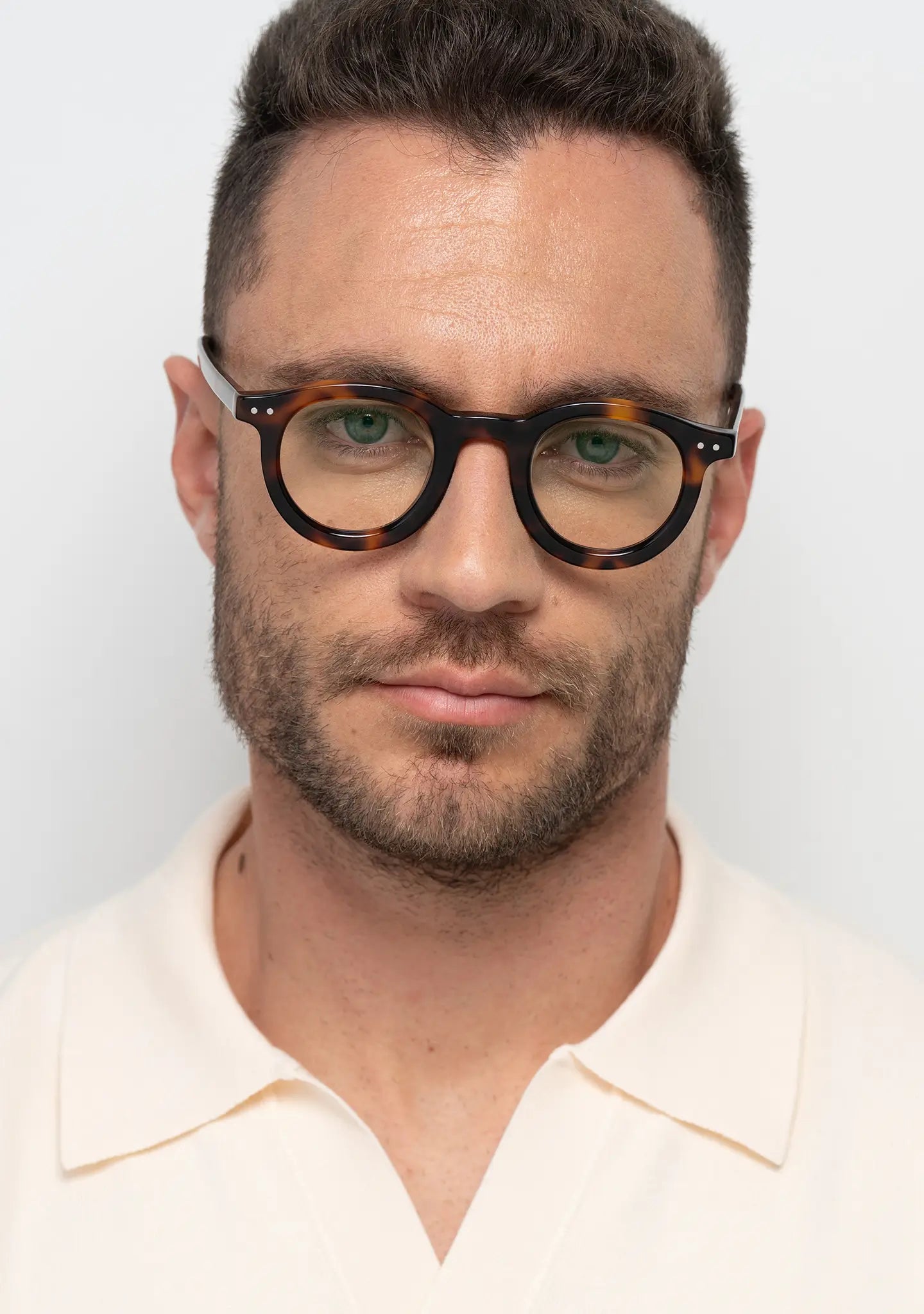 mens optical frame Bo Bo Noir William bold round in tortoise acetate, man wearing, front view.