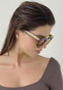 womens sunglasses Bo Bo Noir Triboulet panto round in olive acetate with sunset nylon lenses, woman wearing, slow motion head turn side to front.